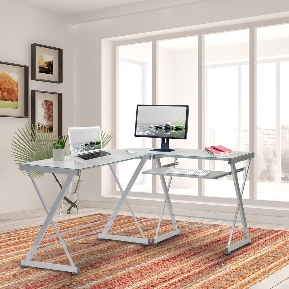 Techni Mobili L Shaped Clear Tempered Glass Top Computer Desk With