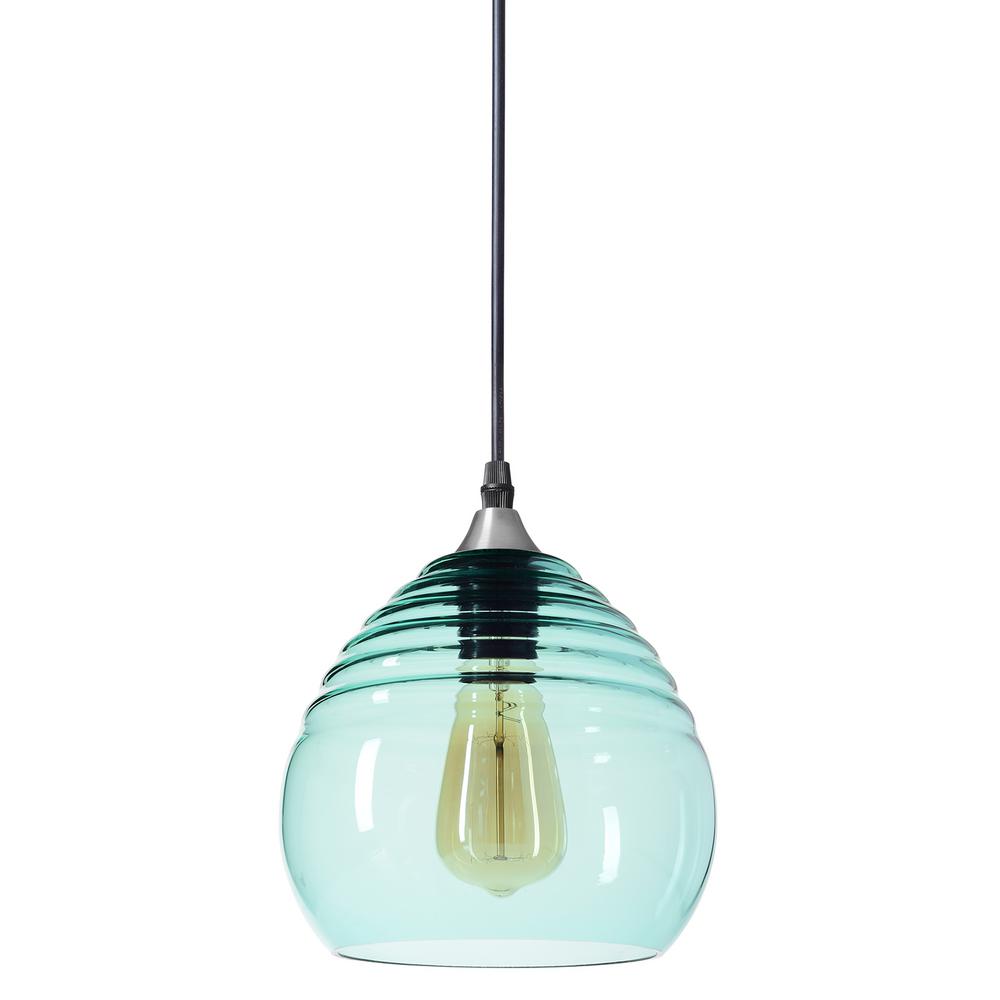 Ripple 8 In W X 7 In H 1 Light Silver Hand Blown Glass Pendant Light With Teal Glass Shade
