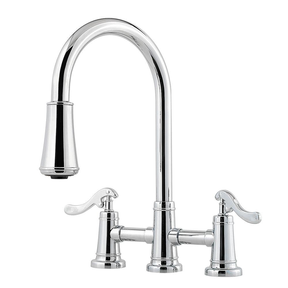 Pfister Ashfield 2 Handle Pull Down Sprayer Kitchen Faucet With Bridge   Polished Chrome Pfister Pull Down Faucets Lg531 Ypc 64 1000 