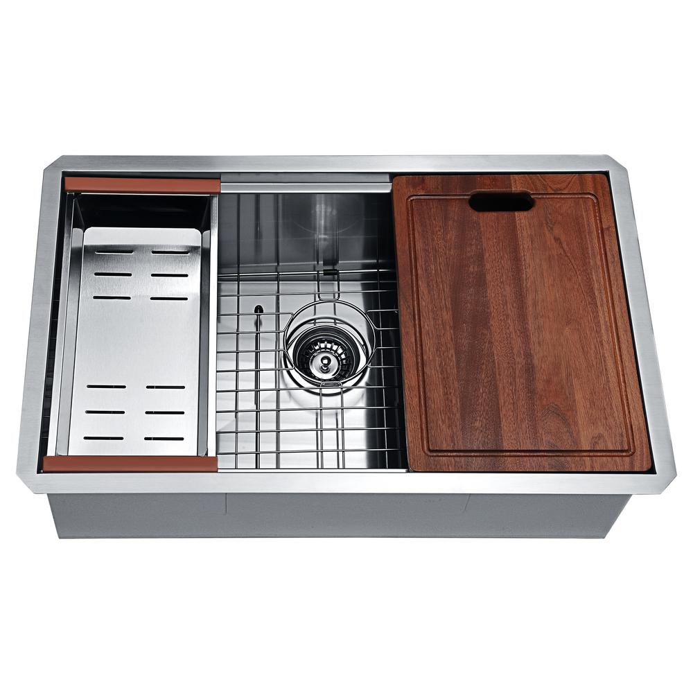 Anzzi Aegis Undermount Stainless Steel 30 In Single Bowl Kitchen Sink With Cutting Board And Colander K Az3018 1ac The Home Depot