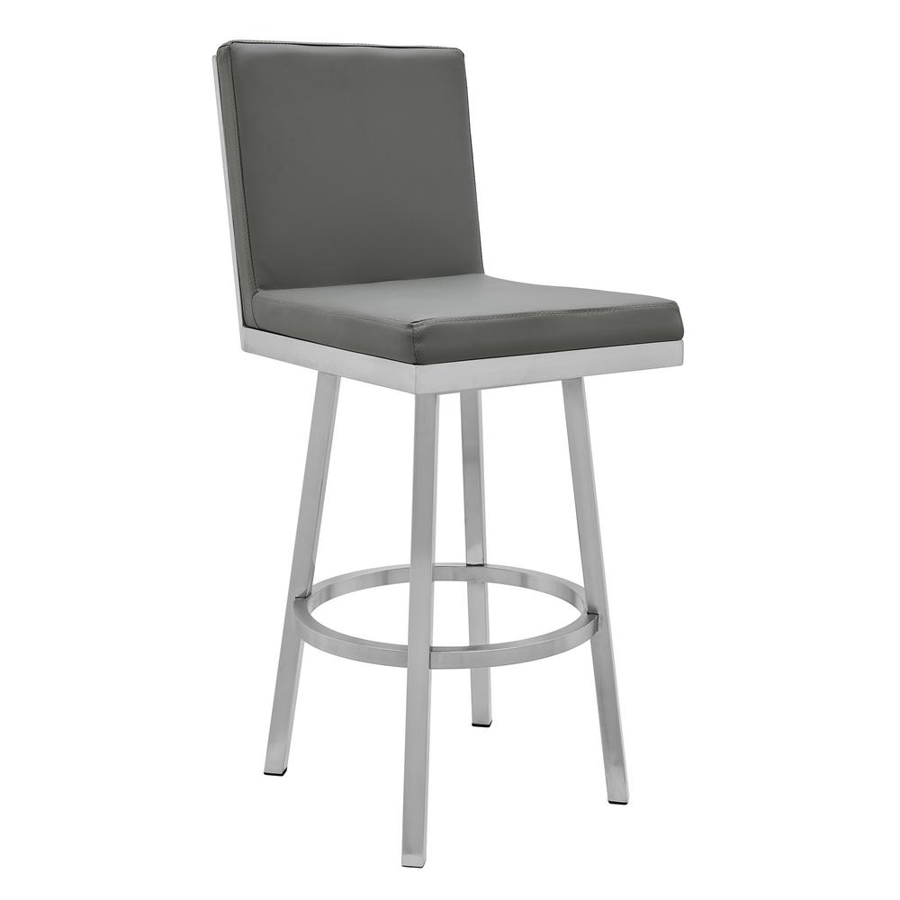 Armen Living Akira Contemporary 26 In Counter Height In Brushed Stainless Steel Finish And Grey Faux Leather Bar Stool 721535737581 The Home Depot