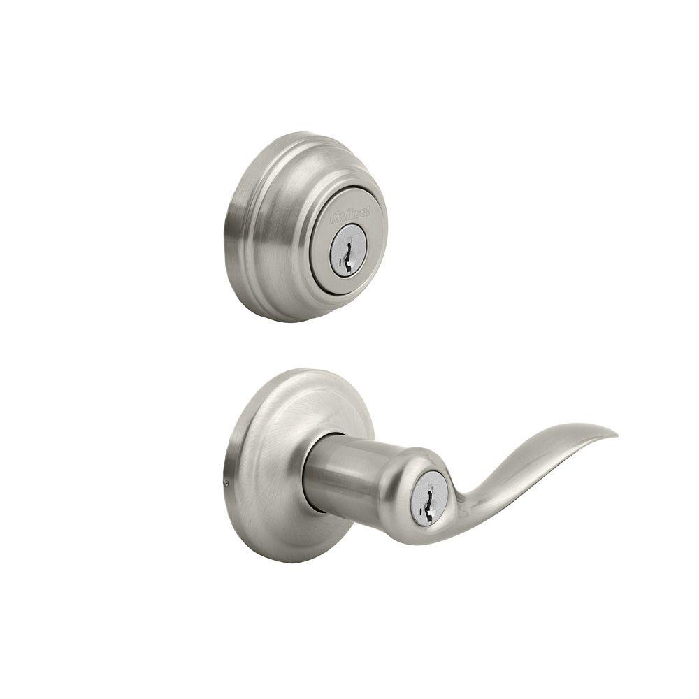 Tustin Satin Nickel Exterior Entry Door Lever and Single Cylinder Deadbolt Combo Pack Featuring SmartKey Security