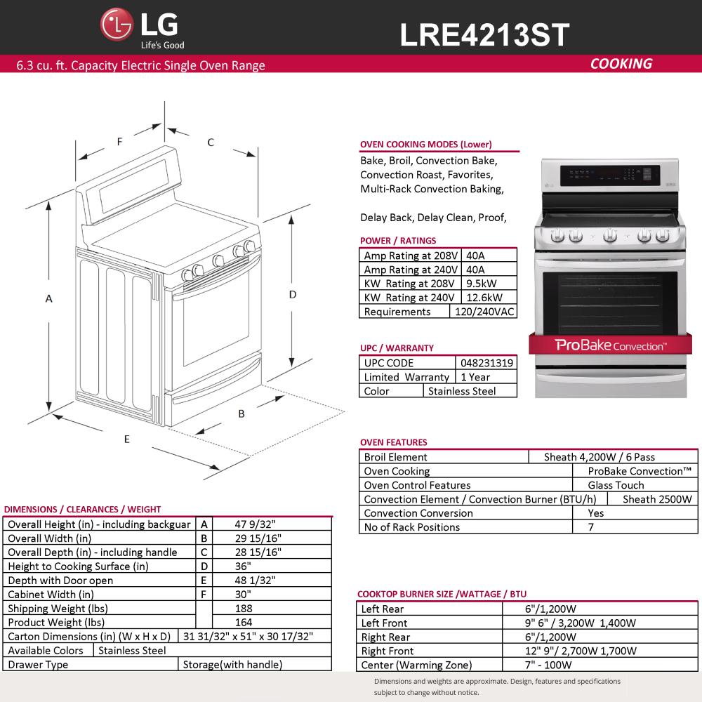 Lg Electronics 6 3 Cu Ft Electric Range With Probake Convection