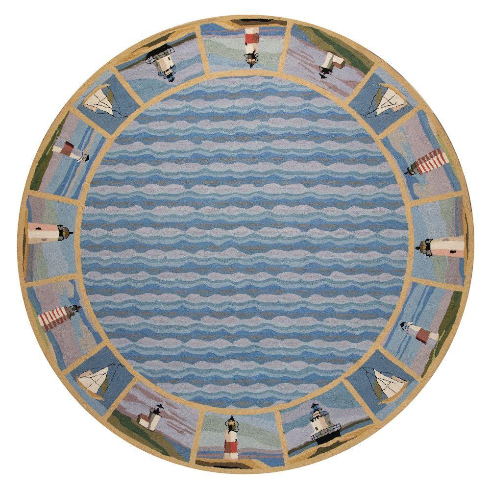 Kas Rugs Lighthouse Border Blue 8 ft. x 8 ft. Round Area Rug