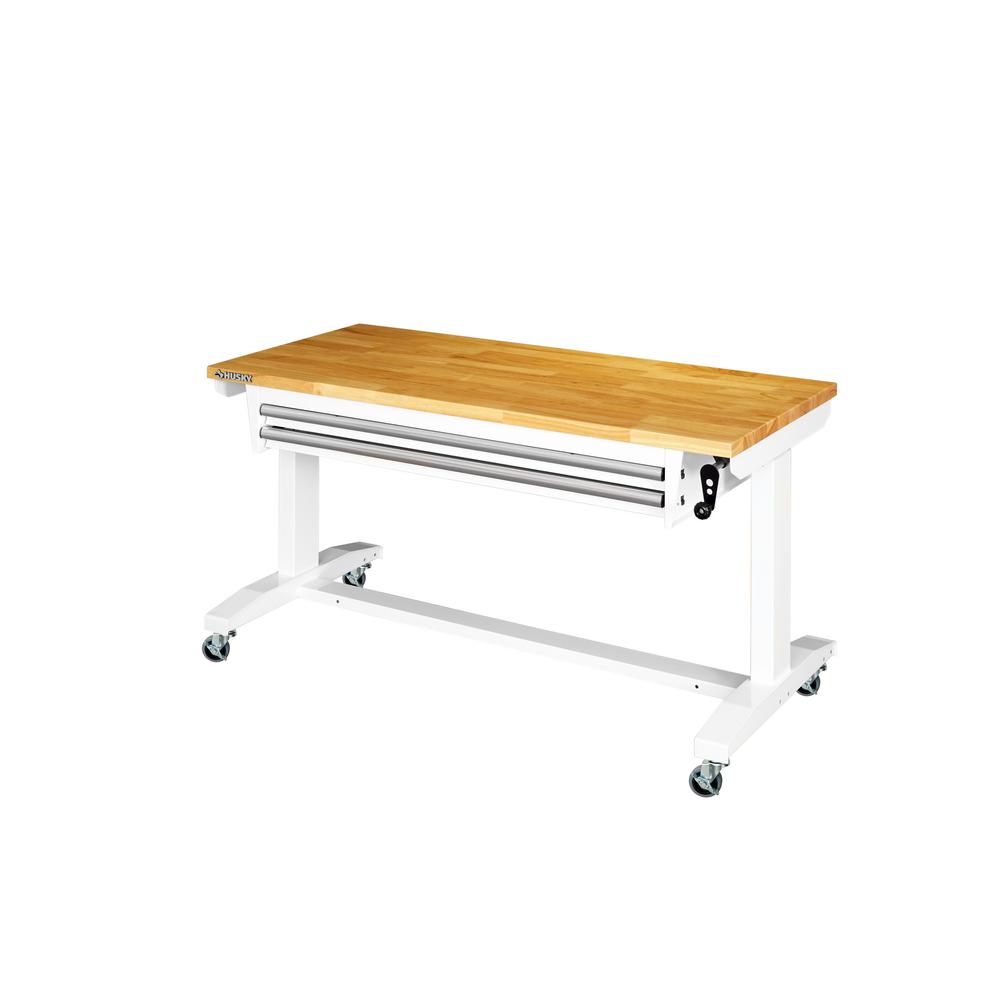 Husky 52 In. Adjustable Height Work Table With 2-Drawers In White ...