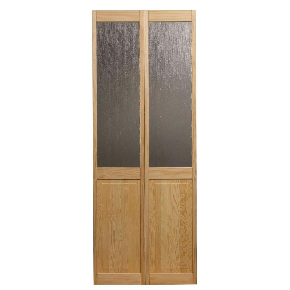 Pinecroft 32 in. x 80 in. Rain Glass Over Raised Panel Pine Interior Bifold Door874528 The