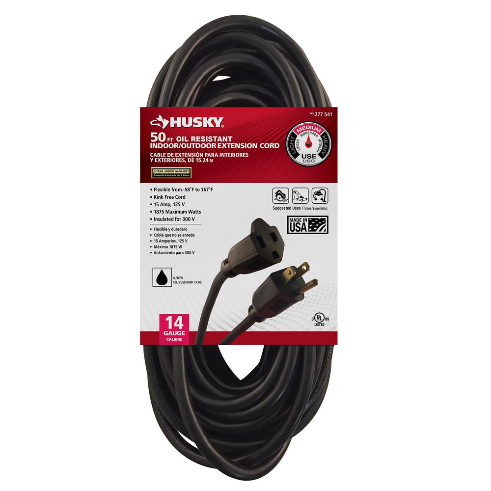 Husky 50 ft. 14/3 Oil Resistant Indoor/Outdoor Extension Cord, Black