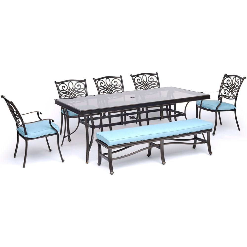Hanover Traditions 7 Piece Aluminum Outdoor Dining Set With Blue Cushions 5 Dining Chairs Bench And Glass Top Table