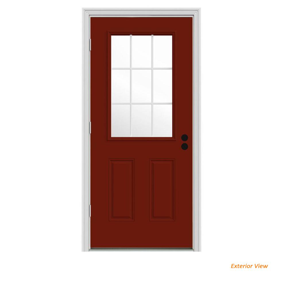 Jeld Wen 36 In X 80 9 Lite Mesa Red Painted W White Interior 9 Lite Mesa Red Painted W White Interior Steel Prehung Right Hand Outswing Front Door Brickmould