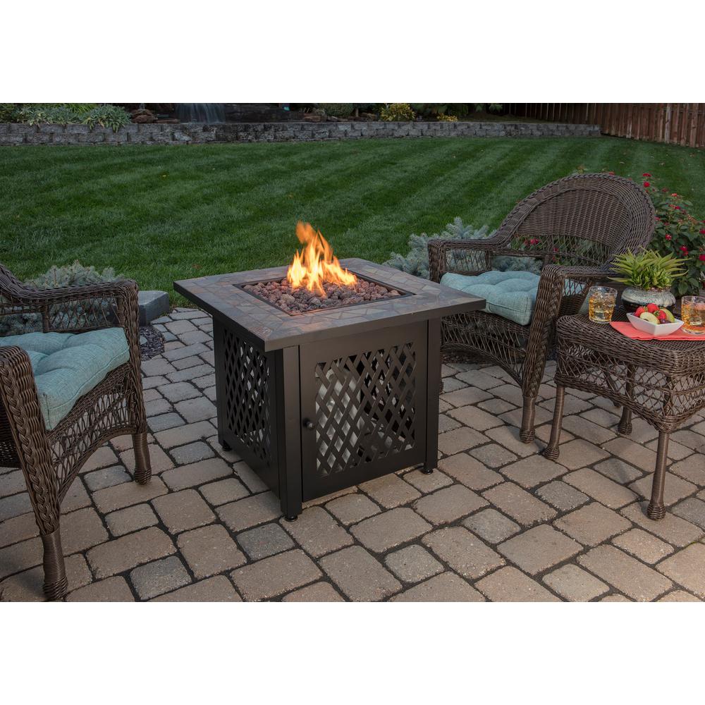 Endless Summer 30 In W Steel Frame Slate Tile Mantel Lp Gas Fire Pit With Electronic Ignition And Lava Rock Gad1429sp The Home Depot