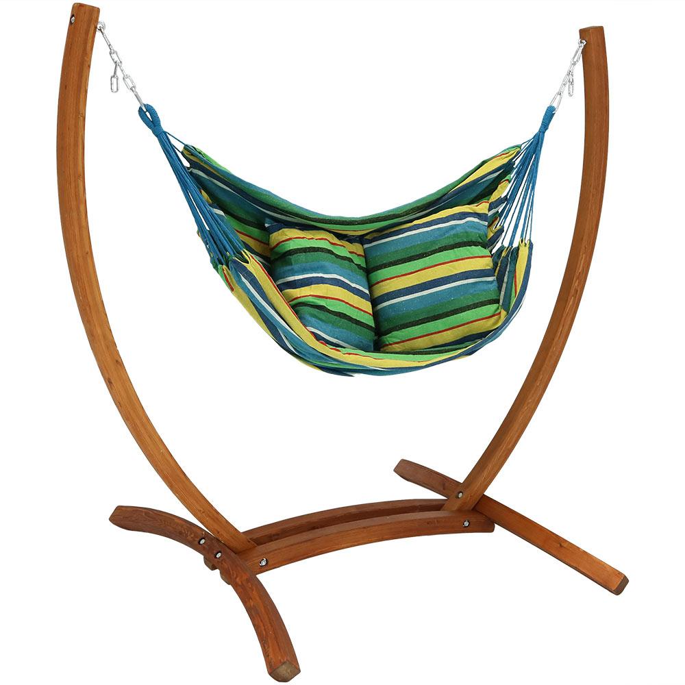 Sunnydaze Decor 4 Ft L Fabric Hanging Hammock Chair With Wooden Stand In Ocean Breeze Wsn 590 The Home Depot