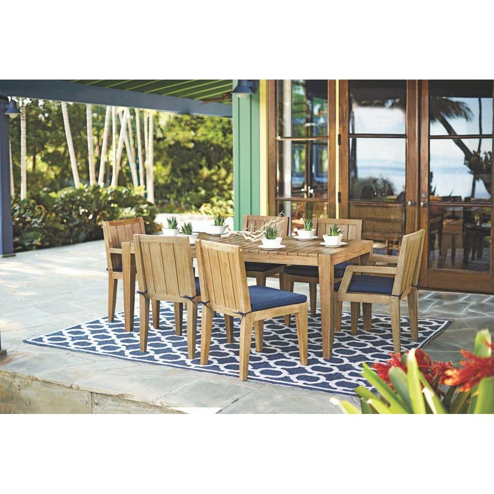 Bermuda Patio Furniture Outdoors The Home Depot Bermuda 7 Piece All Weather Eucalyptus Wood Patio Dining Set With Indigo Fabric Cushions