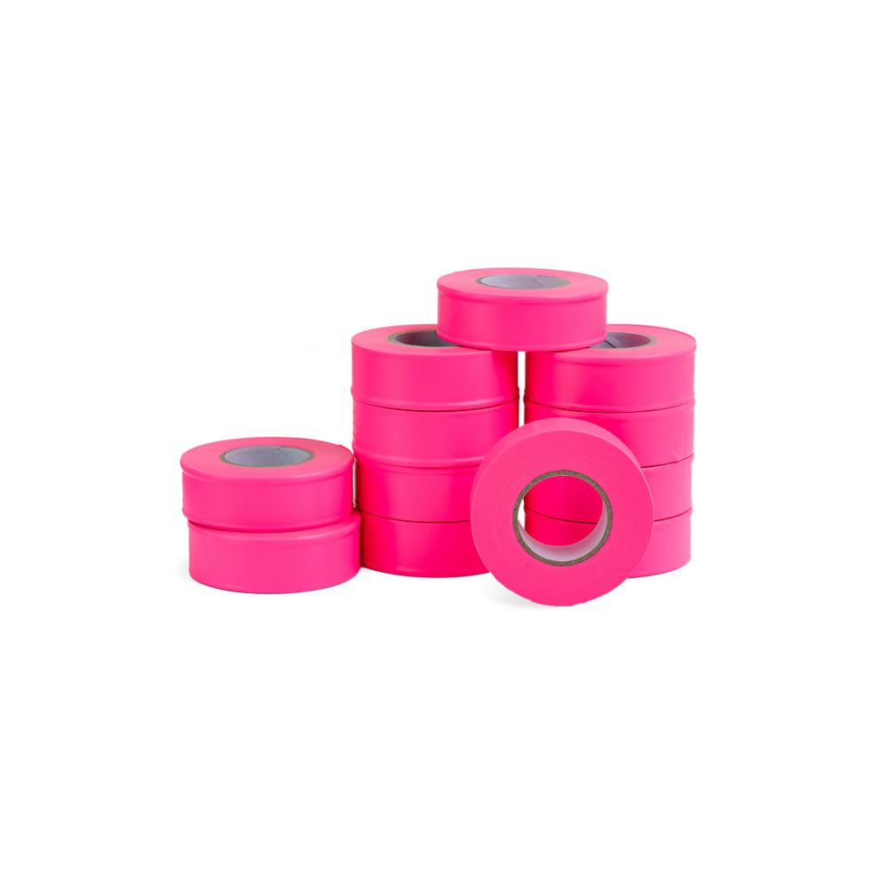 Fluorescent Pink 12 Rolls Flagging Marking Tape 1 3//16 in x 150 ft Non-Adhesive