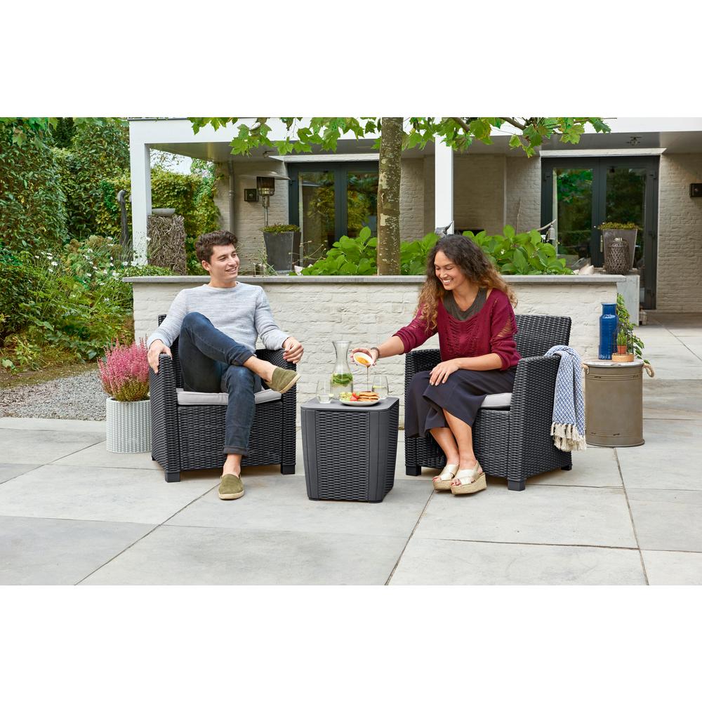 Keter Corona Duo Graphite 3 Piece All Weather Resin Plastic Patio Seating Set With Grey Cushions 234078 The Home Depot