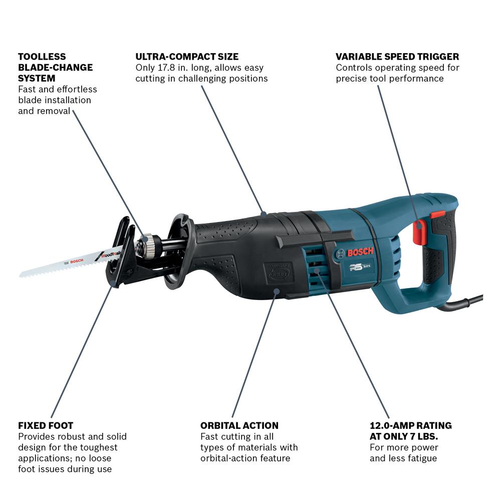 Bosch 12 Amp Corded 1 In Variable Speed Compact Reciprocating Saw