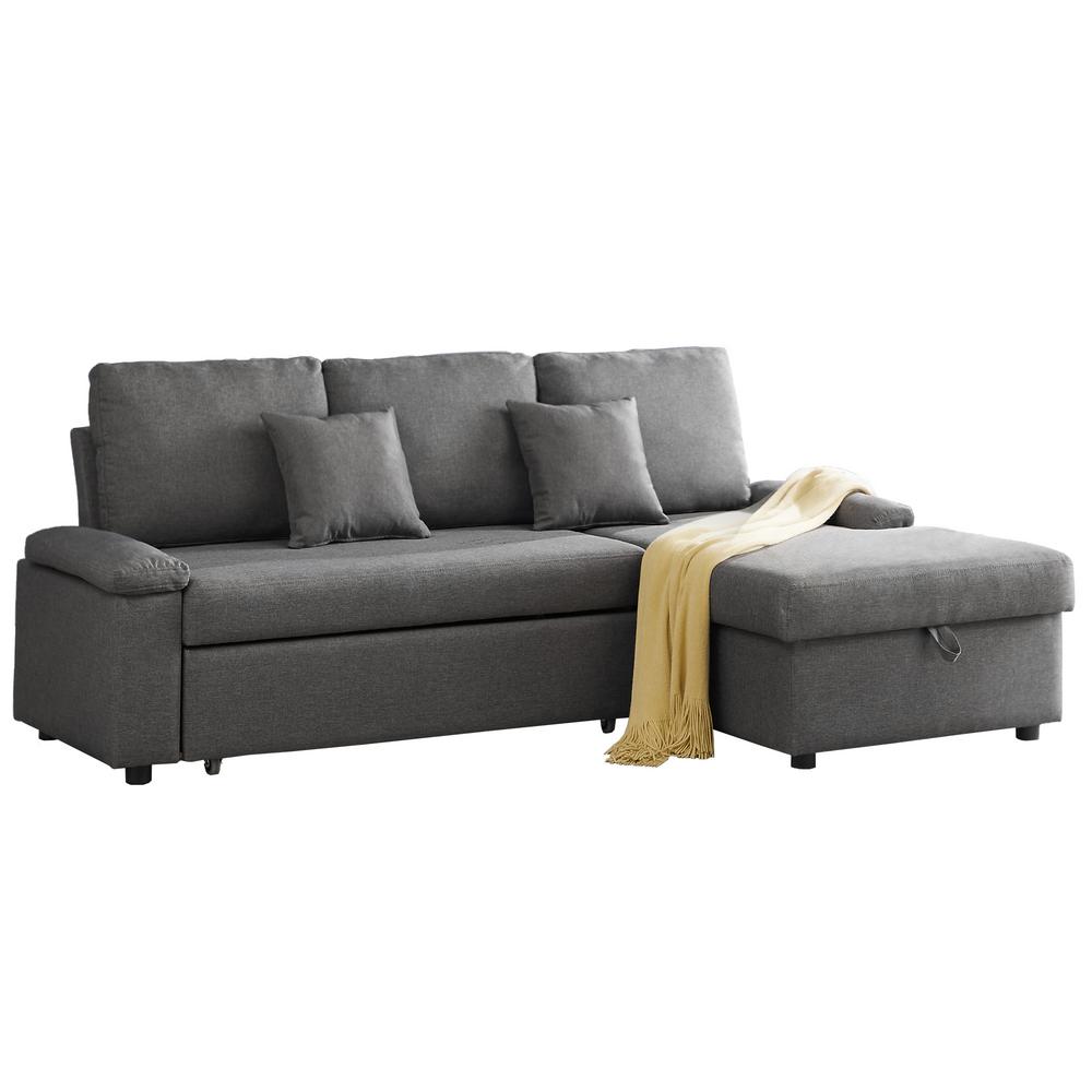 GOOD & GRACIOUS 86.61 in. Dark Gray Microfiber 4Seats Sectional Sleeper Sofa with Storage