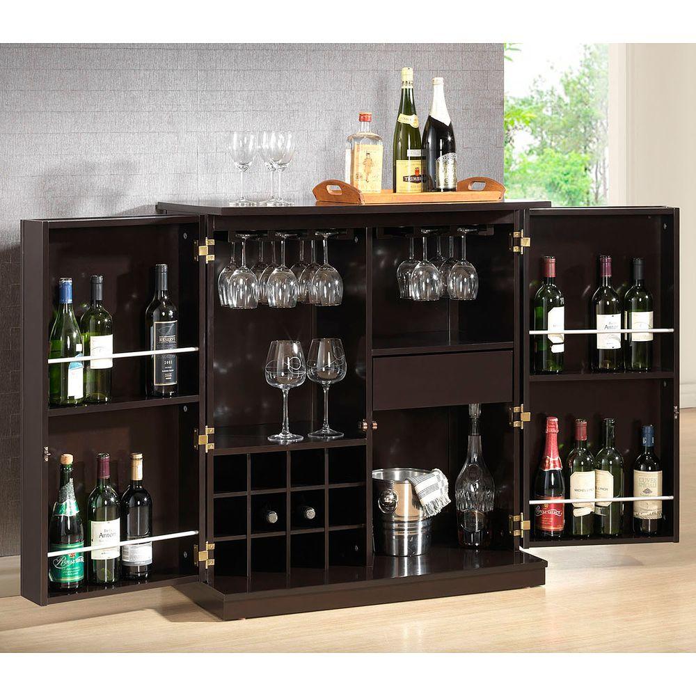 Baxton Studio Stamford 12 Bottle Dark Brown Bar Cabinet 