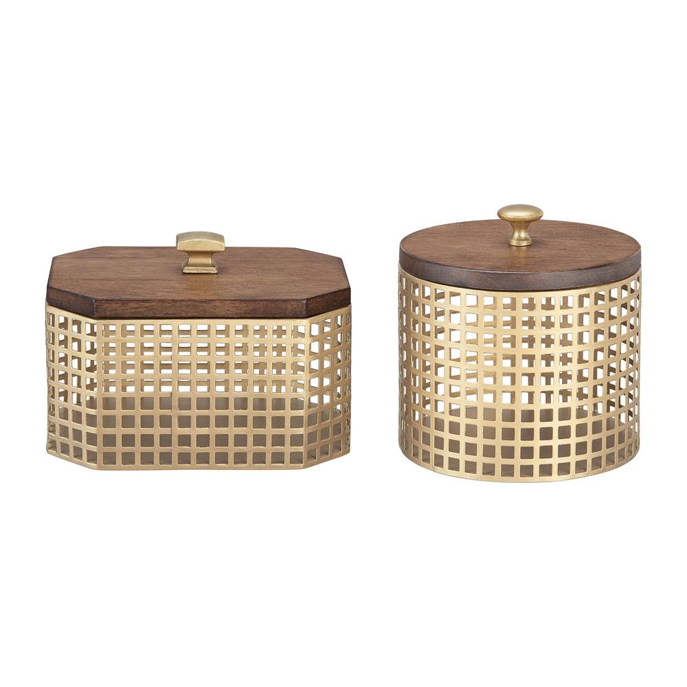 Home Decorators Collection Round and Octagonal Gold Metal Decorative Basket with Wood Lid (Set of 2)