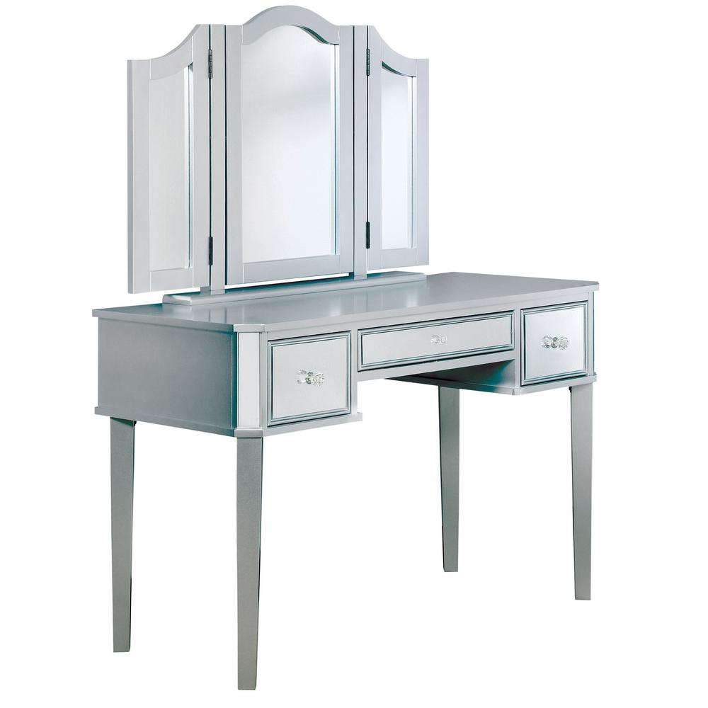 Furniture Of America Arriana 2 Piece Silver Tri Fold Mirror Vanity Furniture Of America Arriana 2 Piece Silver Tri Fold Mirror Vanity Set