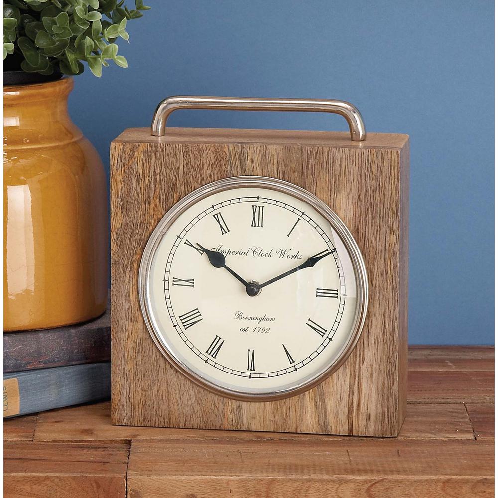 9 in. x 8 in. Rustic Wood and Iron Brown Square Table Clock94429 The