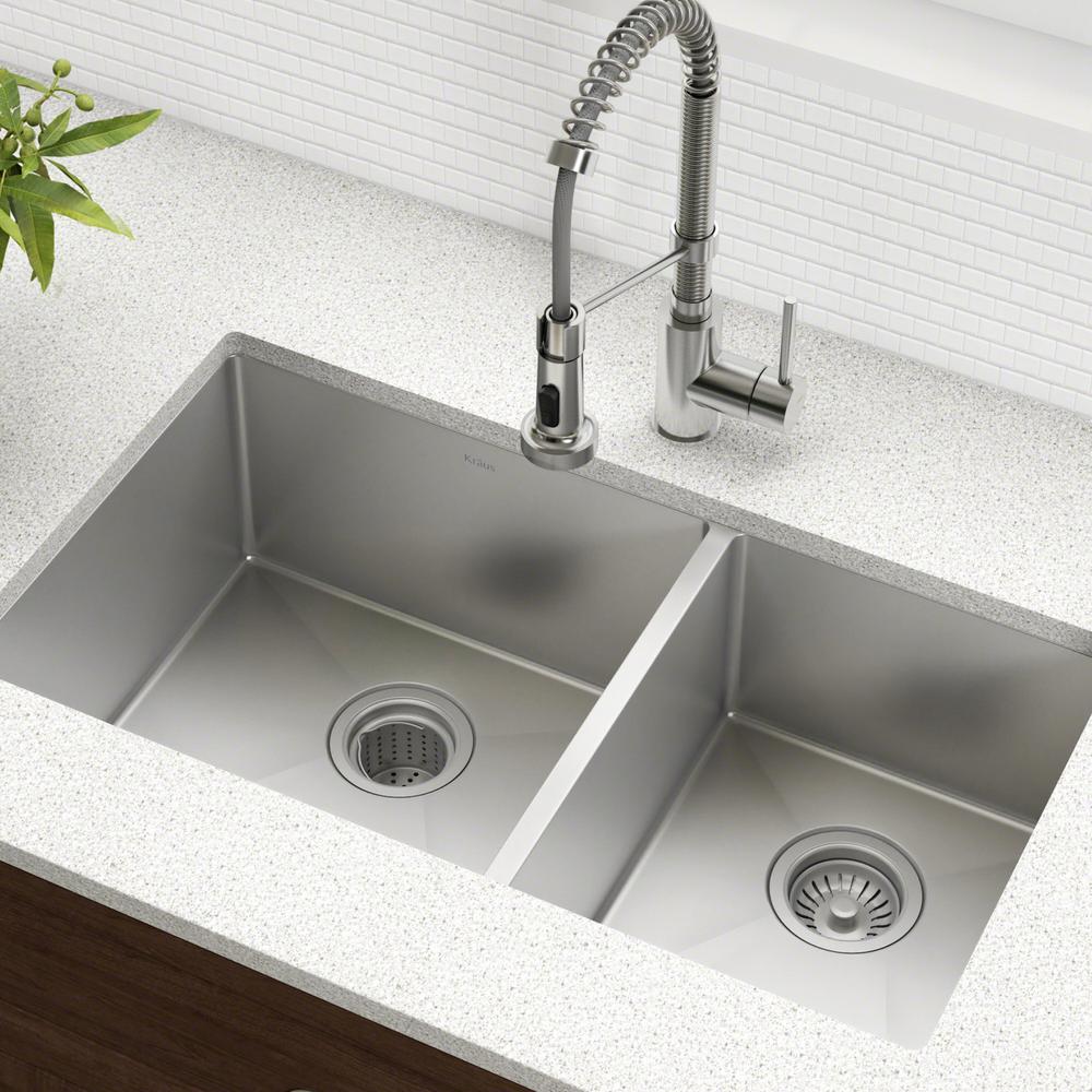 Kraus Standart Pro 33in 16 Gauge Undermount 60 40 Double Bowl Stainless Steel Kitchen Sink Khu103 33 The Home Depot