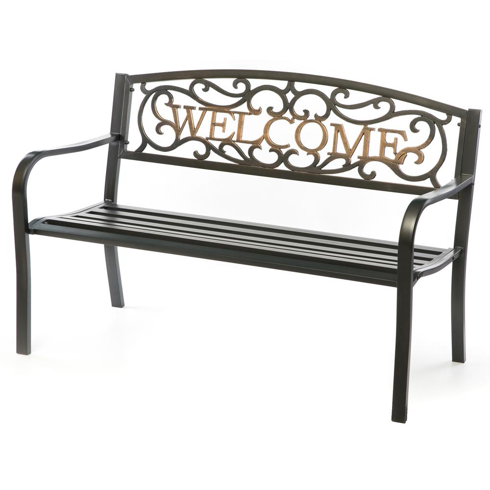 Gardenised Steel Outdoor Patio Garden Park Bench With Cast Iron Welcome Backrest Qi003709 The Home Depot