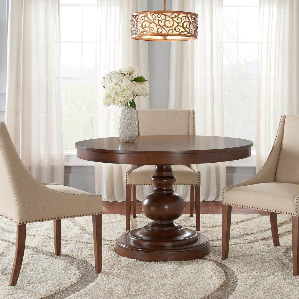 Home Decorators Collection Greymont Walnut Finish Round Pedestal Dining Table For 6 47 64 L X 29 75 In H T 11 The Home Depot