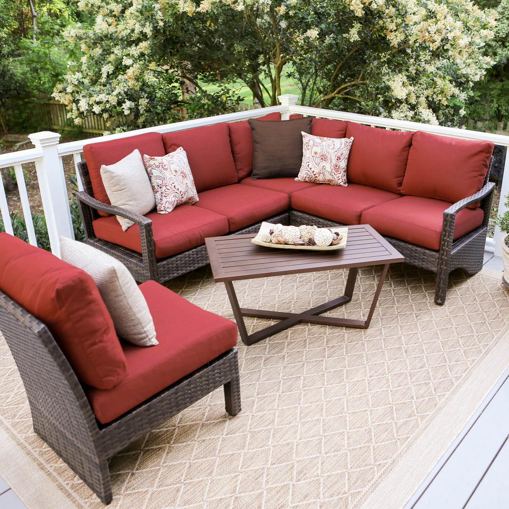 Leisure Made Augusta 5 Piece Wicker Outdoor Sectional Set With Red Cushions 437409 Red The Home Depot