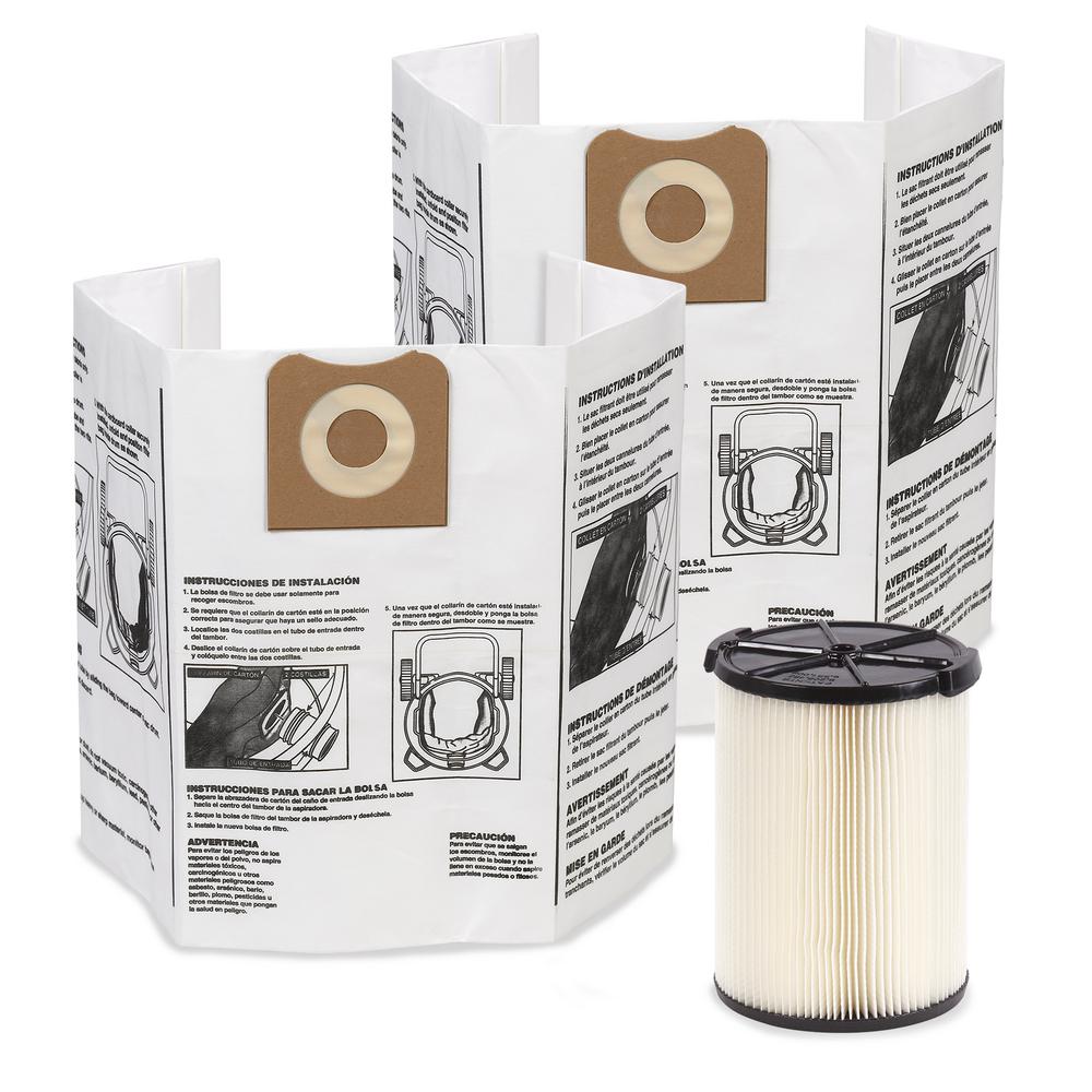 RIDGID Filter Kit with VF4000 Standard Filter and VF3502 Dust Bags (2-Pack) for Select 12 -16 Gal. Wet/Dry Shop Vacuums, White