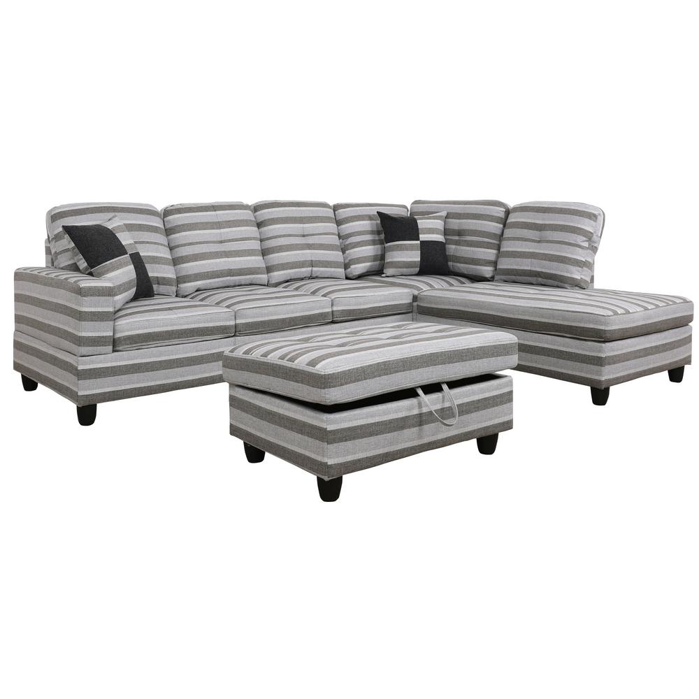 Star Home Living 3Piece Gray Striped Linen 4Seater LShaped Right