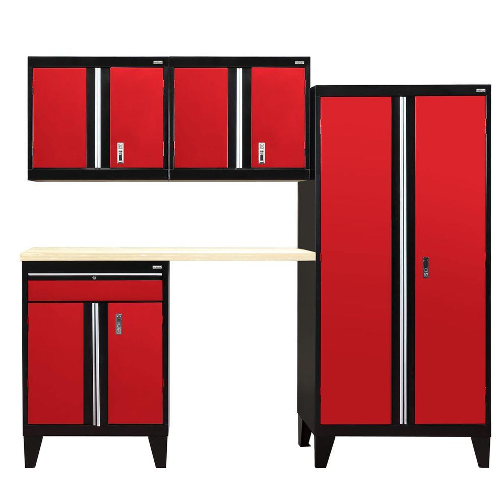 Sandusky 79 In H X 96 In W X 18 In D Modular Garage Welded Steel Cabinet Set In Black Red 5 Piece Gs05 019l The Home Depot