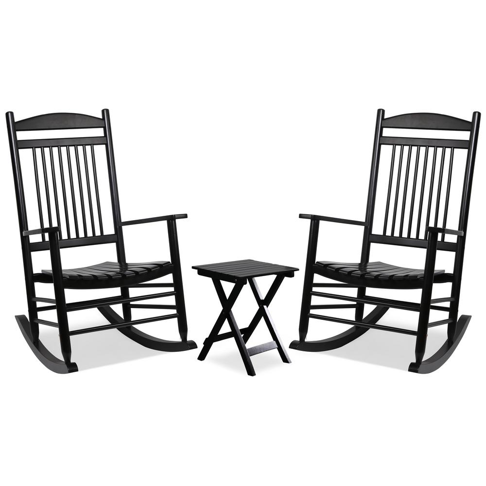 VEIKOUS 3-Pieces Black Wooden Outdoor Patio Rocking Chair Set-rock