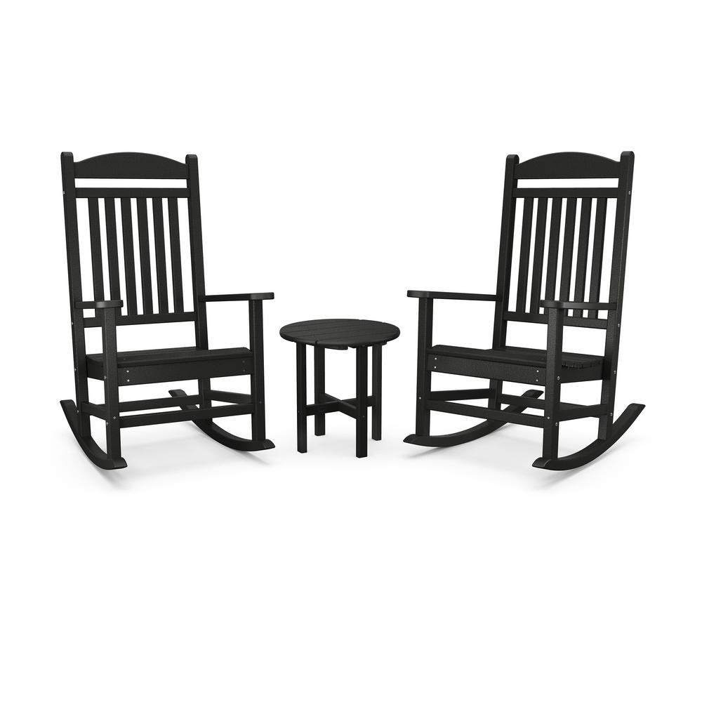 POLYWOOD Grant Park 3-Piece Black Plastic Outdoor Rocking Chair Set