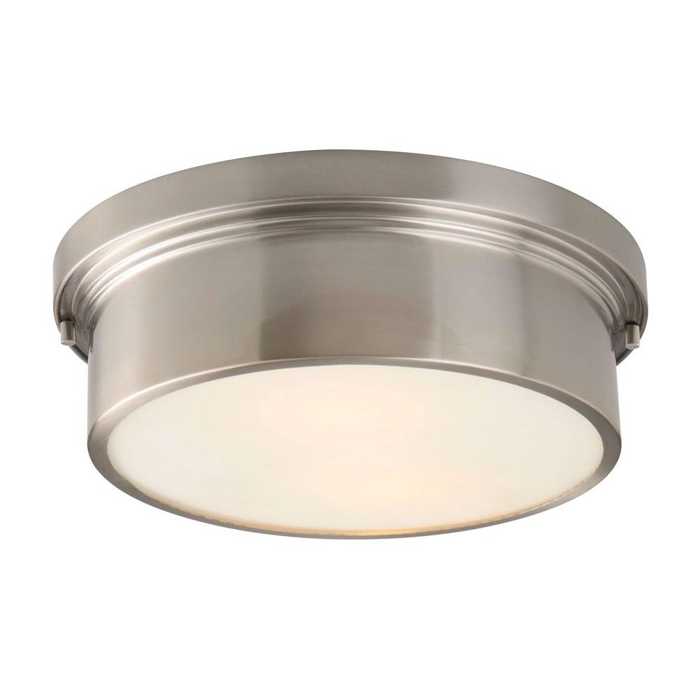 Hampton Bay Oxnard 13 in. 2-Light Brushed Nickel Round Flushmount with Glass Shade