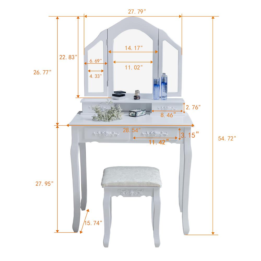 Boyel Living Vanity Set With White Cushioned Stools 3 Mirror And 4