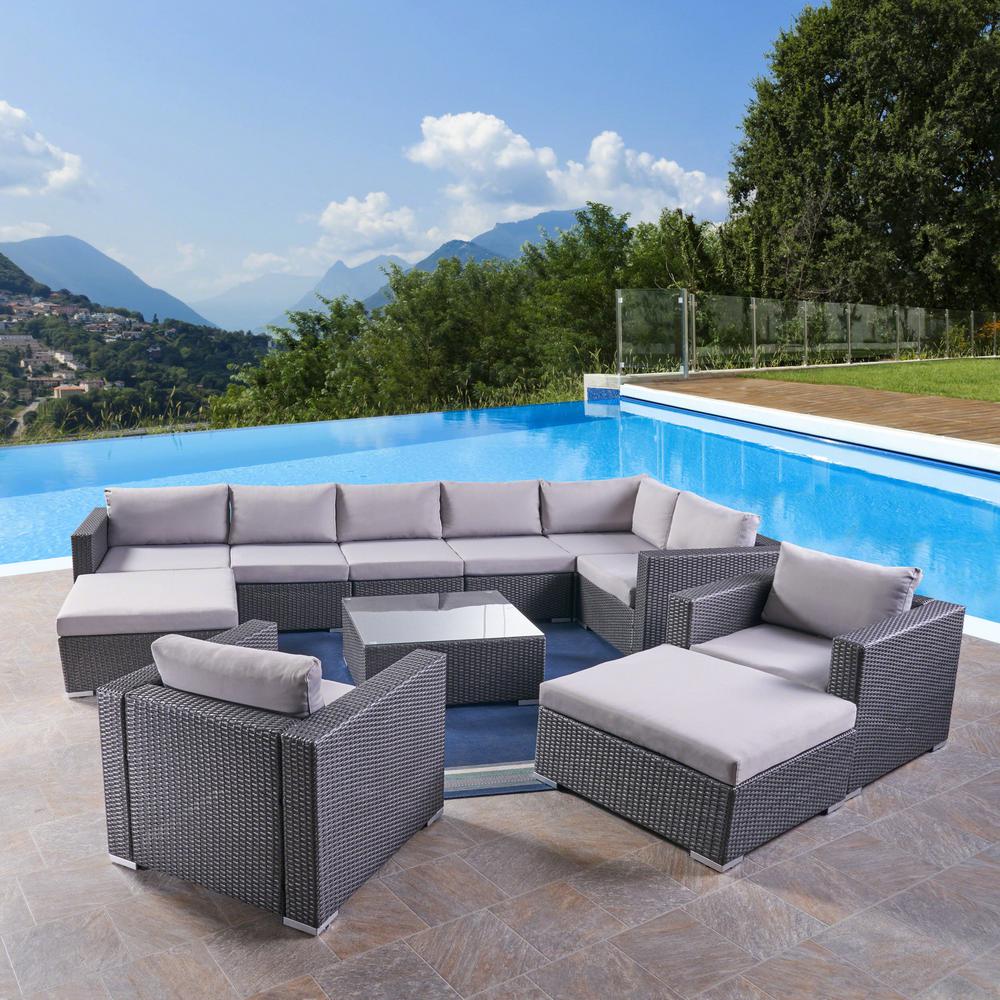 Noble House Santa Rosa Grey 11 Piece Wicker Patio Conversation Set With Silver Cushions 42364 The Home Depot