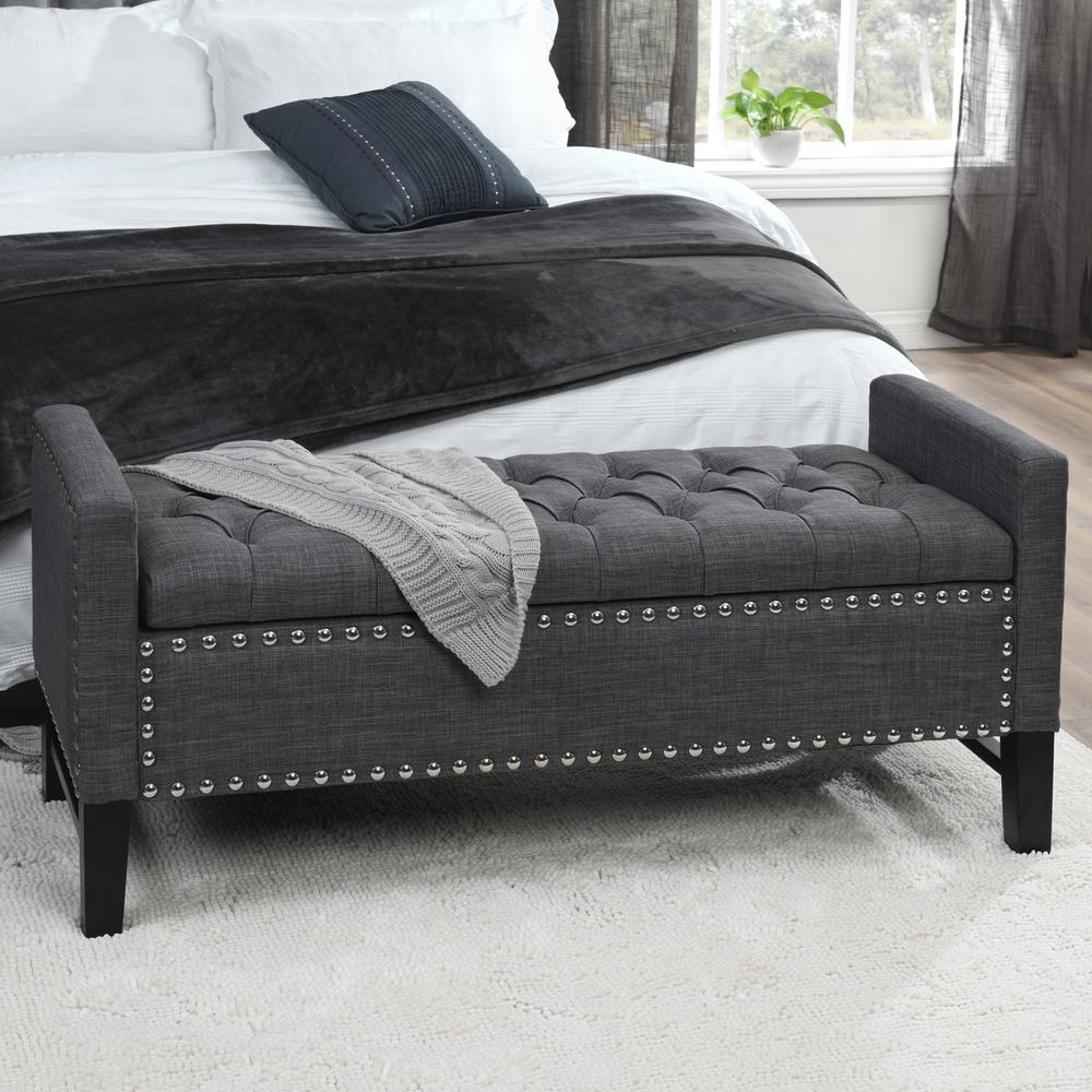 Inspired Home Emmaline Dark Grey Linen Storage Bench Button Tufted