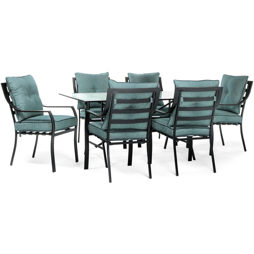 patio furniture hanover outdoor lavallette dining piece ocean frame metal cushions sets blu homedepot steel gray lowes