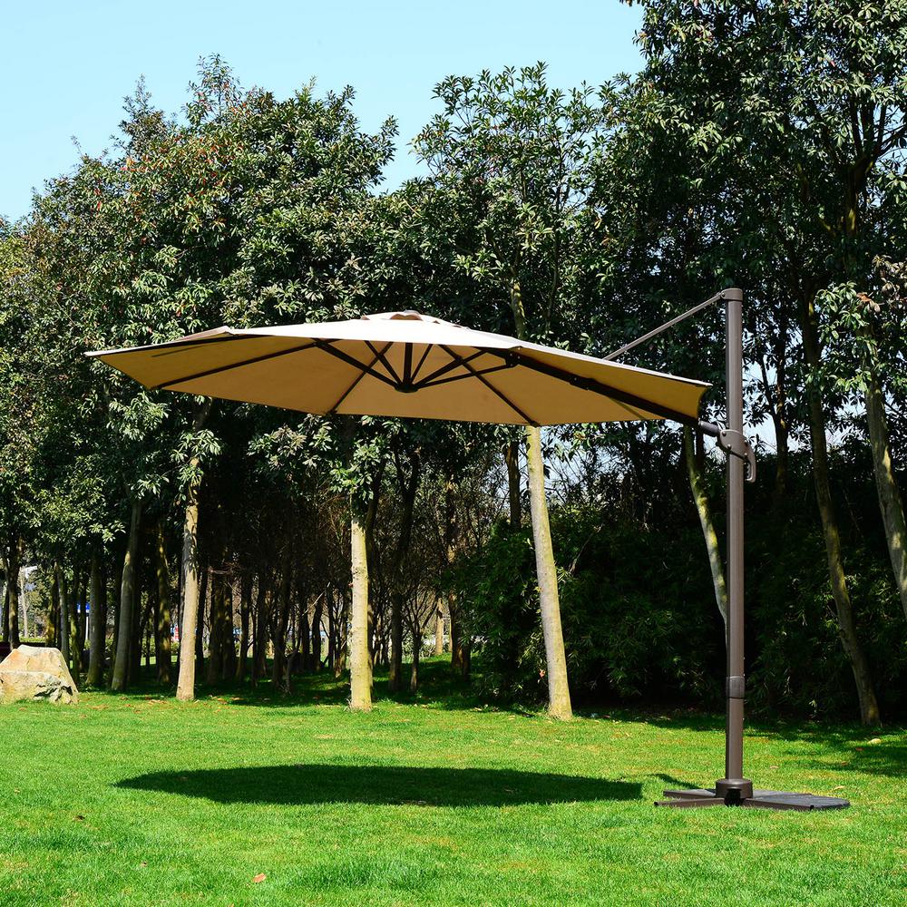 Outsunny 9 5 Ft Cantilever Market Outdoor Patio Umbrella In Khaki Canopy With 360 Degree Rotation Tilt Ability Crank Design 840 122 The Home Depot