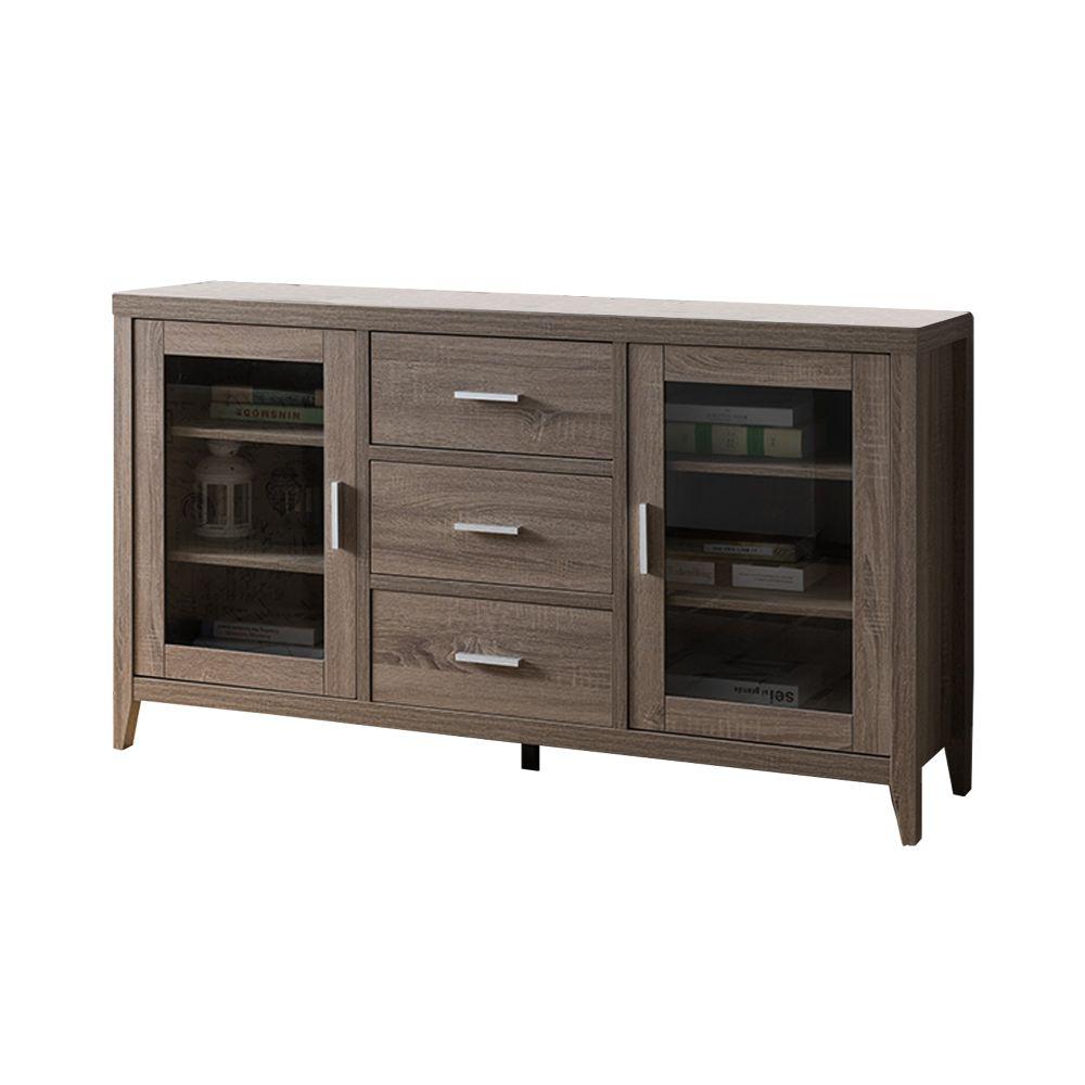 Benjara Brown Wooden Tv Stand With 3 Drawers And Side Door Glass