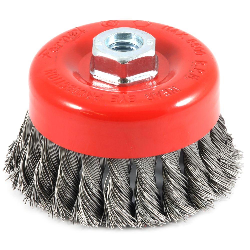 Forney 4 inch x 5/8 in.-11 Threaded Arbor Knotted Wire Cup Brush by Forney