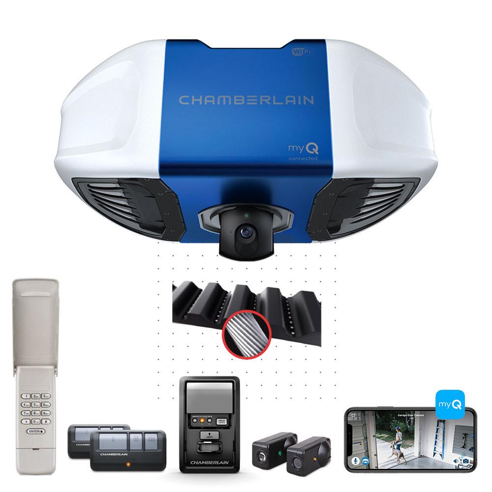 Chamberlain 3 4 Hp Dc Belt Drive Wi Fi Plus Lift Power With Integrated Camera Garage Door Opener B4545 The Home Depot