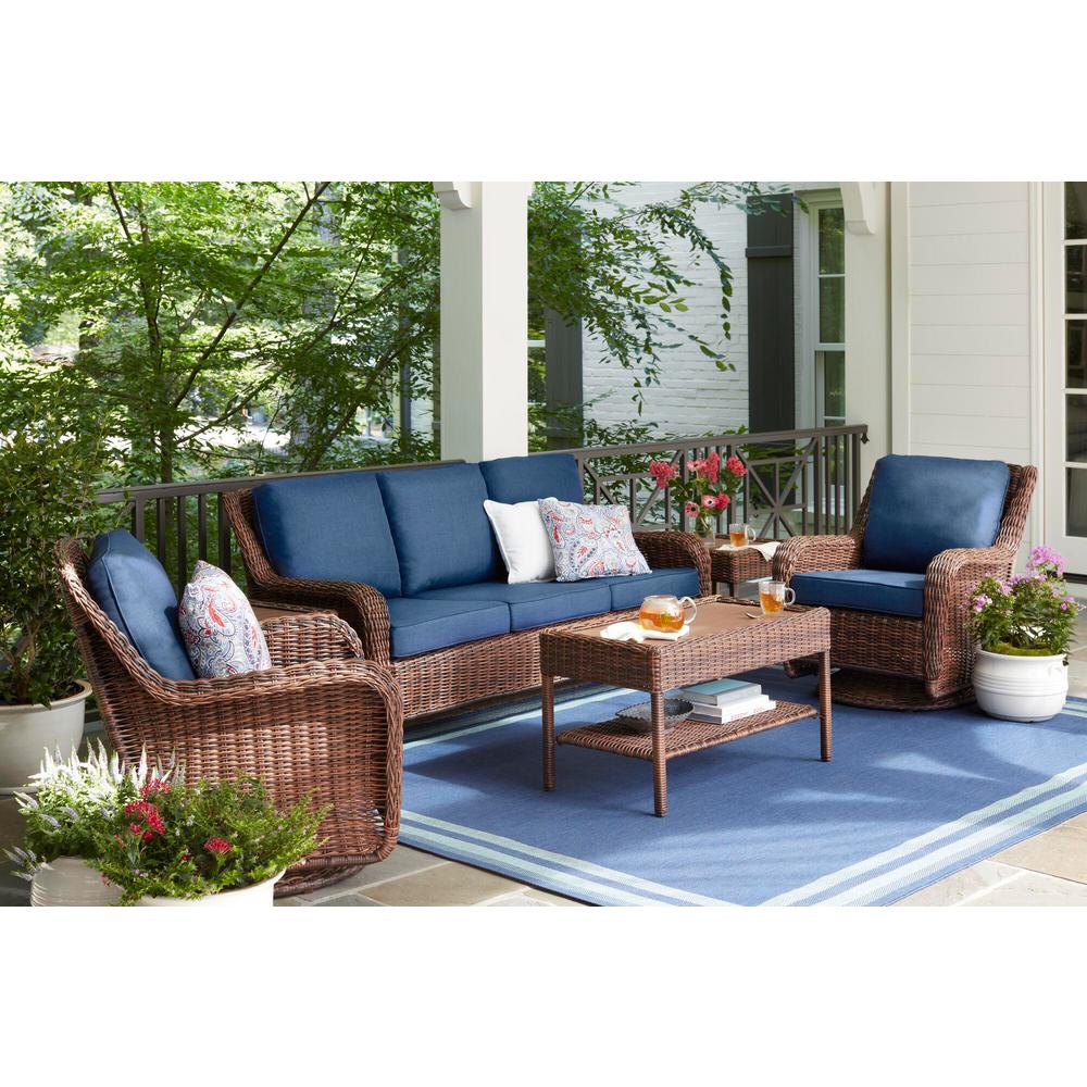 Hampton Bay Cambridge Brown Wicker Outdoor Patio Sofa With Cushionguard Midnight Navy Blue Cushions 65 17148bs The Home Depot