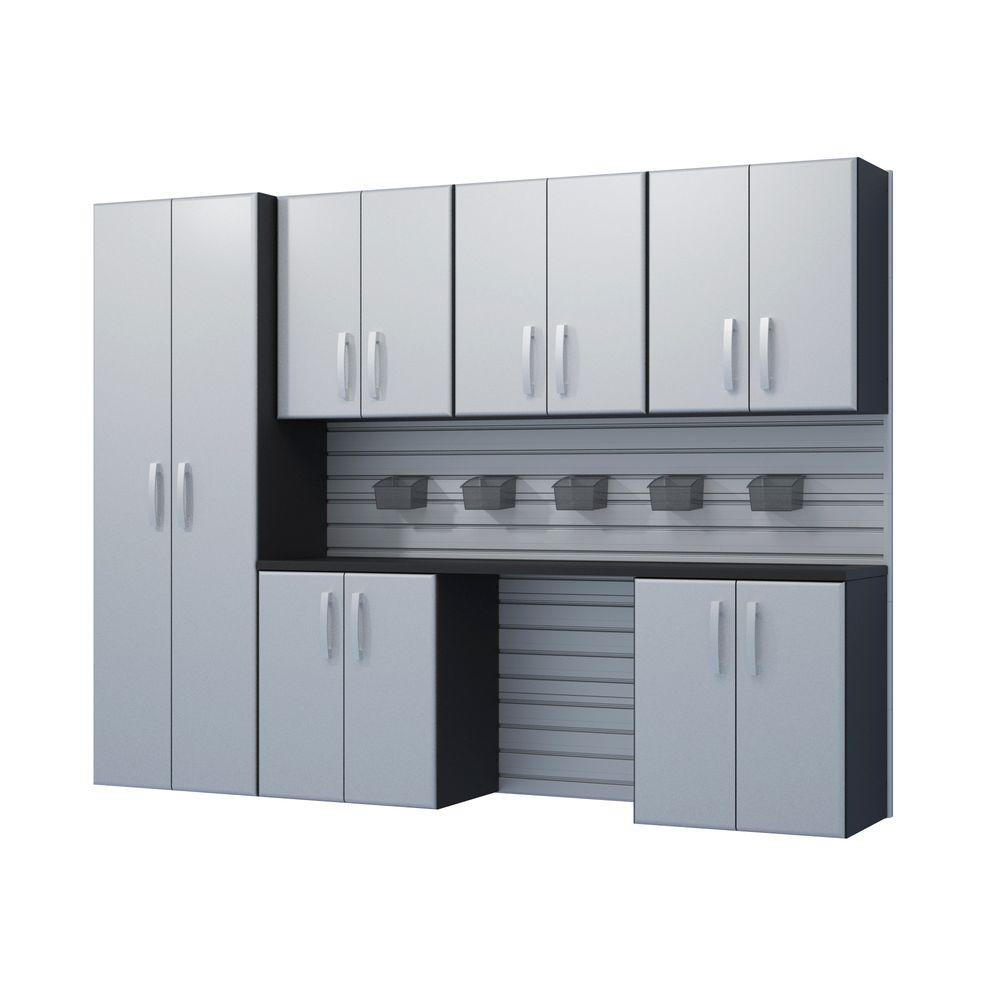 Flow Wall Modular Wall Mounted Garage Cabinet Storage Set With Additional Storage Bins In Silver 7 Piece Fcs 9612 6s 7s The Home Depot