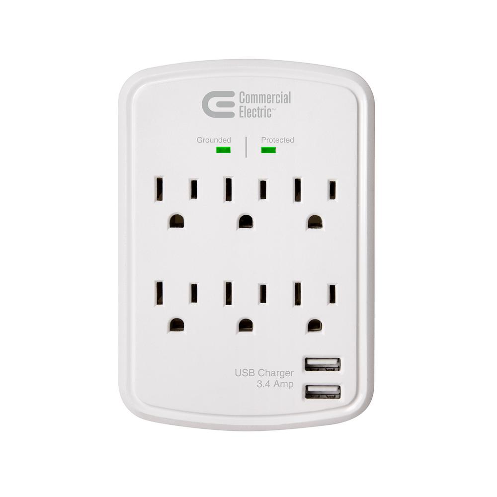 6 Protected Outlets Wall Surge Protector Multi Plug Outlet Wall Tap 2 USB Ports
