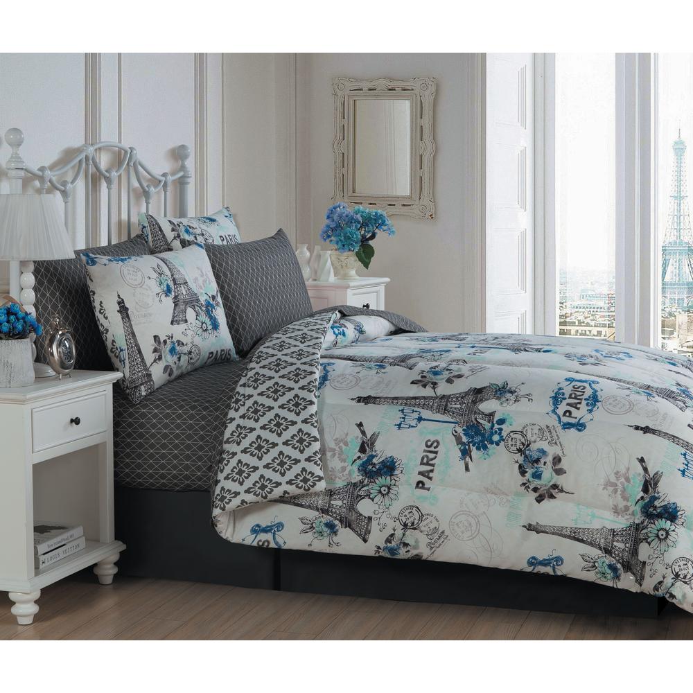 Cherie Paris Themed 8pc King Blue Comforter Set With Sheets