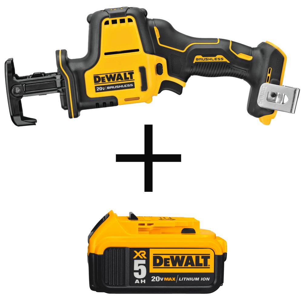 DEWALT ATOMIC 20V MAX Cordless Brushless Compact Reciprocating Saw and (1) 20V MAX Premium Lithium-Ion 5.0Ah Battery