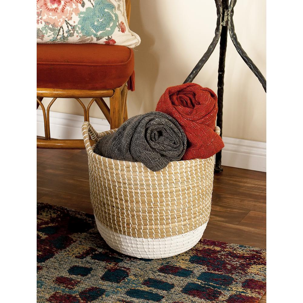 Cosmopolitan Brown and White Corded Seagrass Round Baskets with Arched