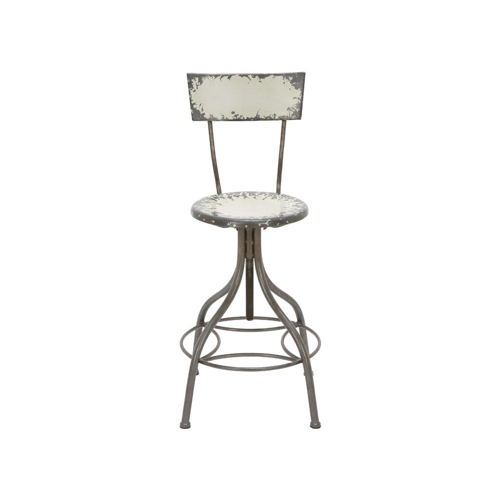 Distressed Gray Iron Round Bar Chair With Chipped Beige Painted Seat And Backrest