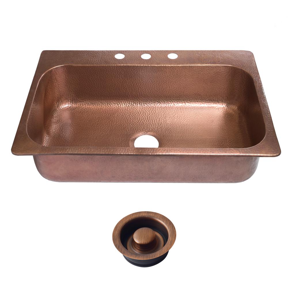 Sinkology Angelico Drop In Copper Sink 33 In 3 Hole Single Bowl Kitchen Sink In Antique Copper And Disposal Drain